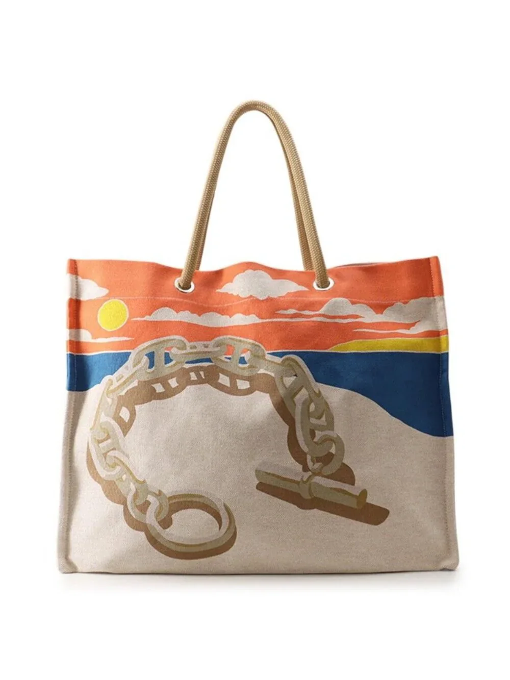 Hermes Tote Bag Escale a la Plage Print Asier Silver Toile Ash Beach